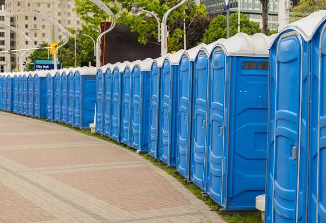 a fleet of portable restrooms ready for use at a large outdoor wedding or celebration in Bonita